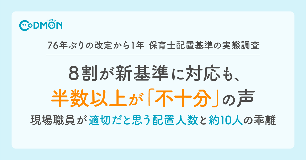 ＜76年ぶりの改定から1年 保育士配置基準の実態調査＞ 8割が新基準に対応も、半数以上が「不十分」の声 現場職員が適切だと思う配置人数と約10人の乖離　～配置基準対応への課題は「人手不足」 非資格保有者の採用で賄う施設も～